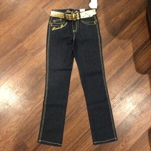 Hannah Montana Disney Juniors Girls Blue Denim Jeans Gold belt - Size 14 Slim